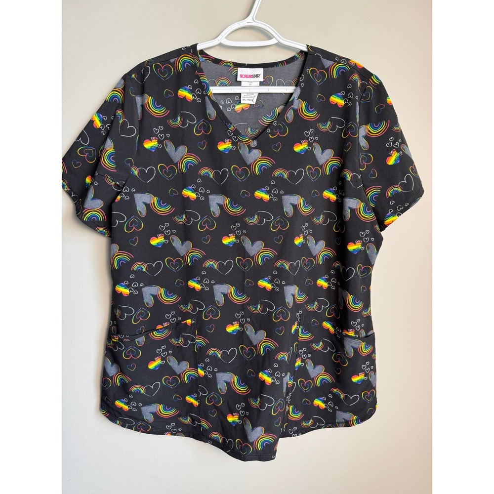 Scrubstar Rainbow Heart Print V-Neck Scrub Top Black Large Pride Nurse Medical